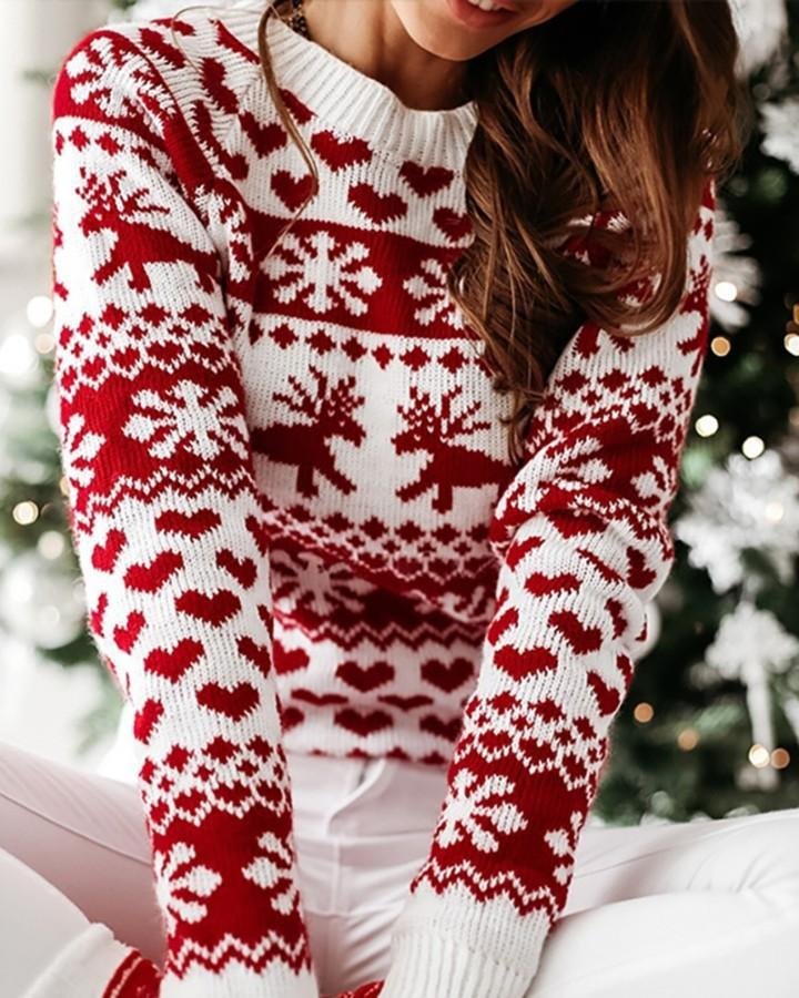 Christmas Reindeer Heart Snow Print Knit Sweater P10830