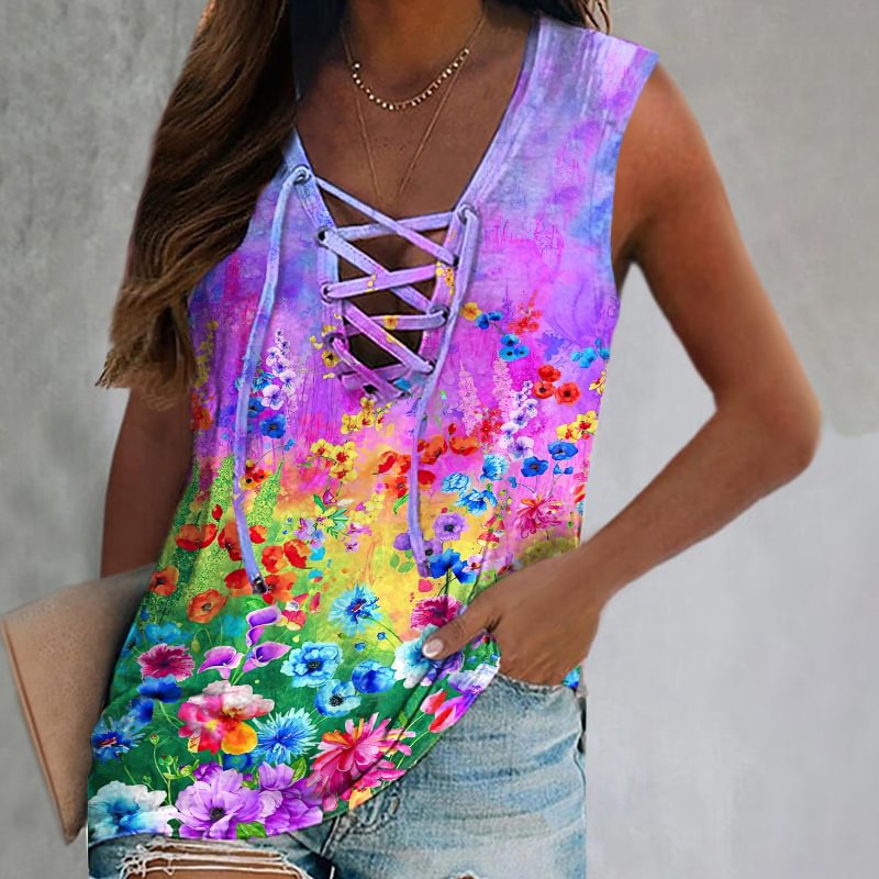 Color flowers printed women graphic vest designer