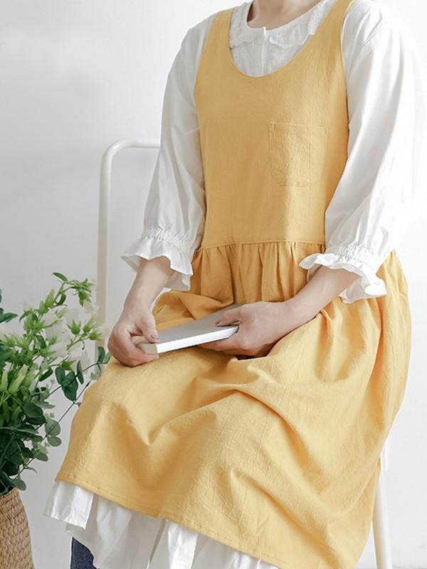 Cotton and linen solid color vest dress pleated apron apron flower shop coffee shop overalls-Mayoulove