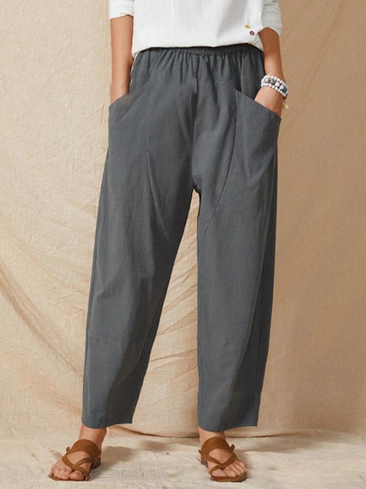Women's Casual Solid Color Elastic Waist Cropped Trousers-Mayoulove