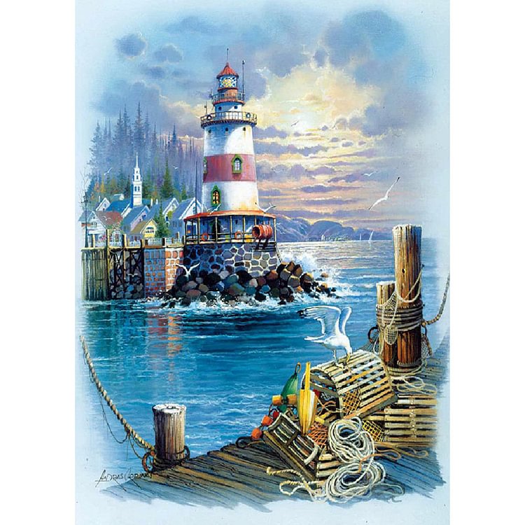 Seaside Light Tower Poster Round Full Drill Diamond Painting 30X40CM(Canvas) gbfke