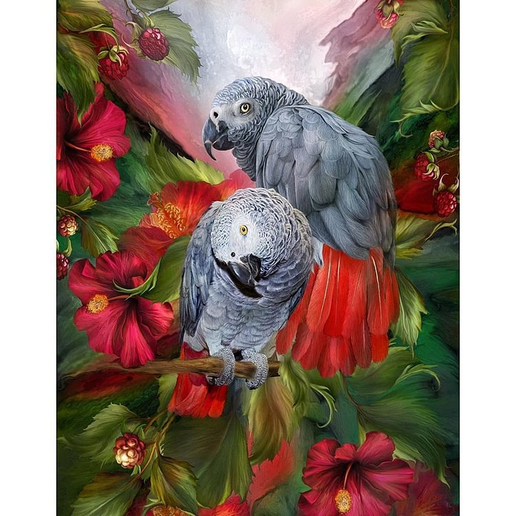 Parrots Birds - Diamant rond complet - 40x30cm