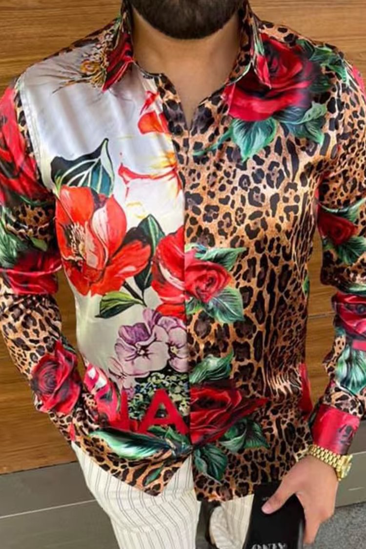 Tiboyz Men's Casual Satin Floral Panel Leopard Print Shirt
