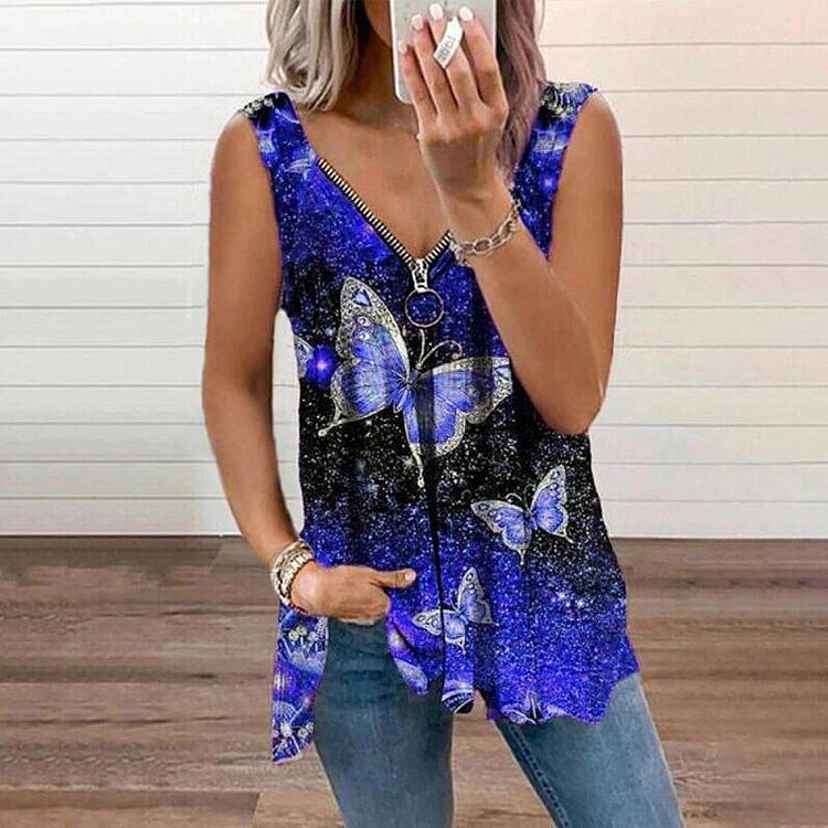 V-neck Zipper Butterfly Print Sexy Loose Tank Top-Mayoulove