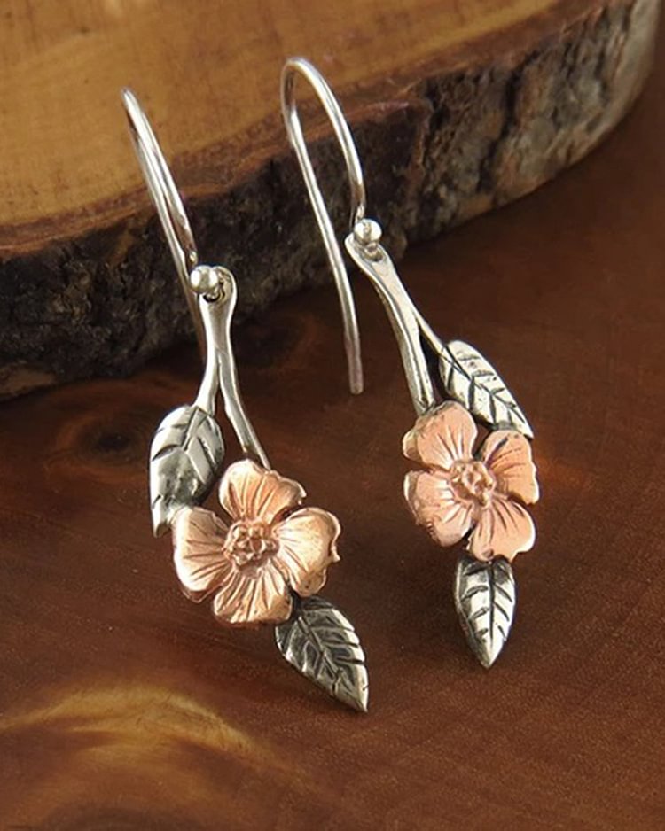 Bohemian Two-tone Rose Gold Flower Leaf Earrings