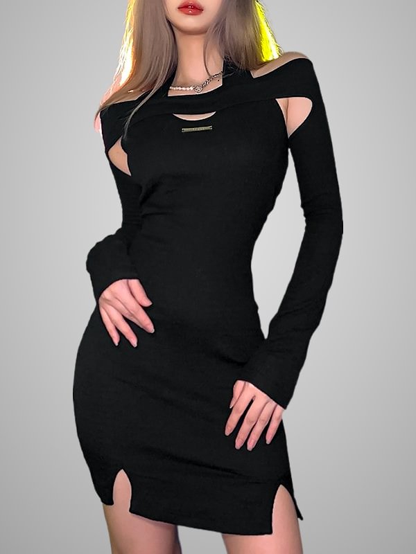 Dark Sexy Halter Suspend Long Sleeve Solid Black Bodycon Dress
