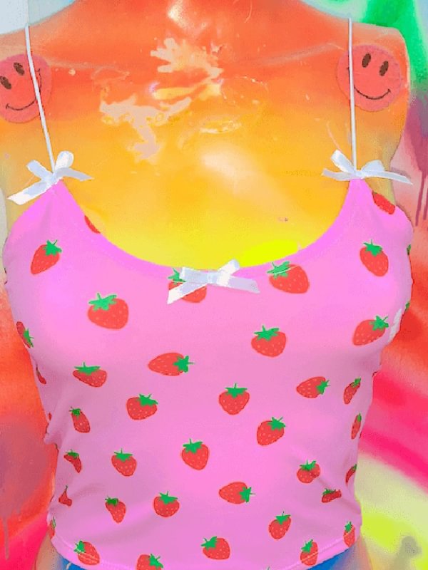 Y2K Sweet Girl Strawberry Printed Bowknot Decorated Color Block Slim Midriff Spaghetti