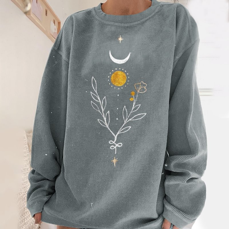  Sun Moon Floral Pattern Crew Neck Sweatshirt - Neojana
