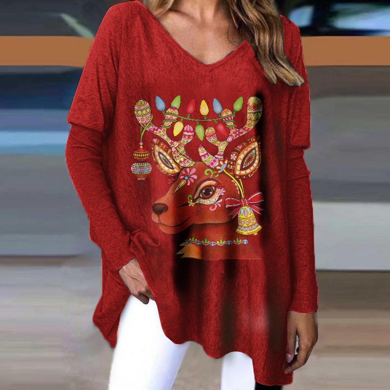Deer Head Graphic V-neck Stylish Long-sleeved Red Tee