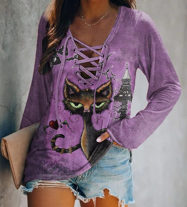 Bat Cat Pattern Lace-up Long-sleeved T-shirt