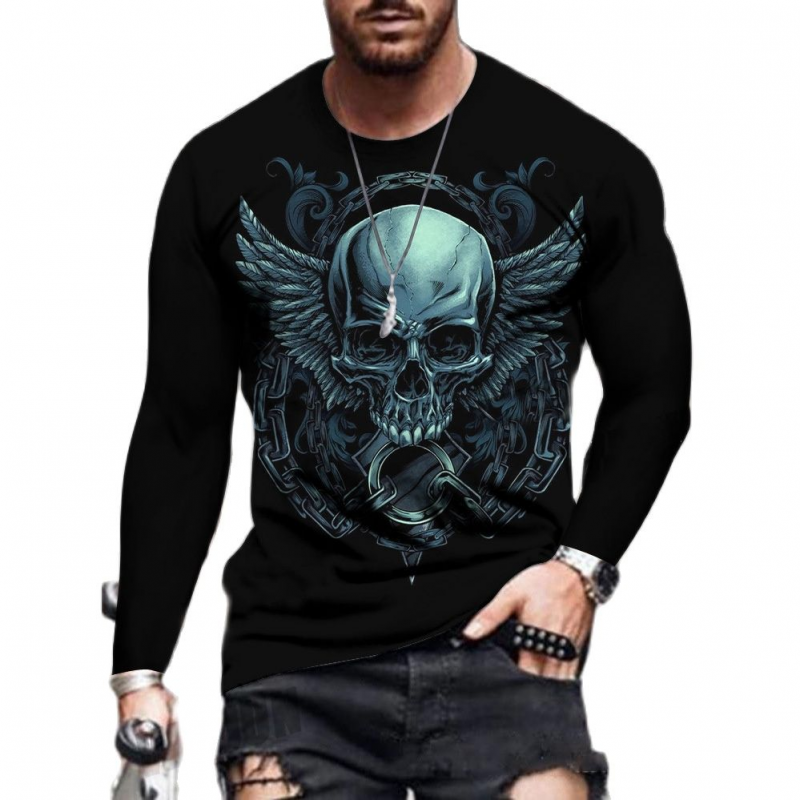 Skull Pattern Men's Loose Casual Long Sleeve T-shirts-VESSFUL