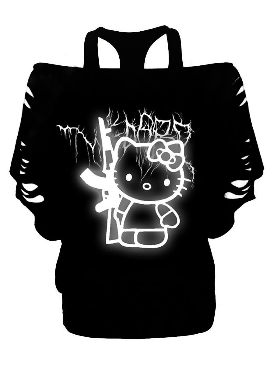 Luminescent Cartoon Cat With Gun Print Hollow One Shoulder Women Top