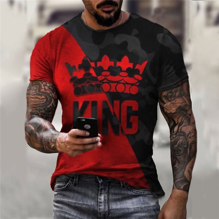 BrosWear Contrast Color Stitching King Print T-Shirt red