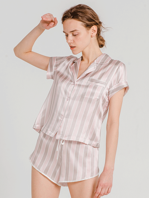 Luxury Light Pink Stripes Printed Short Silk Pajamas Set-Luxury Silk Life