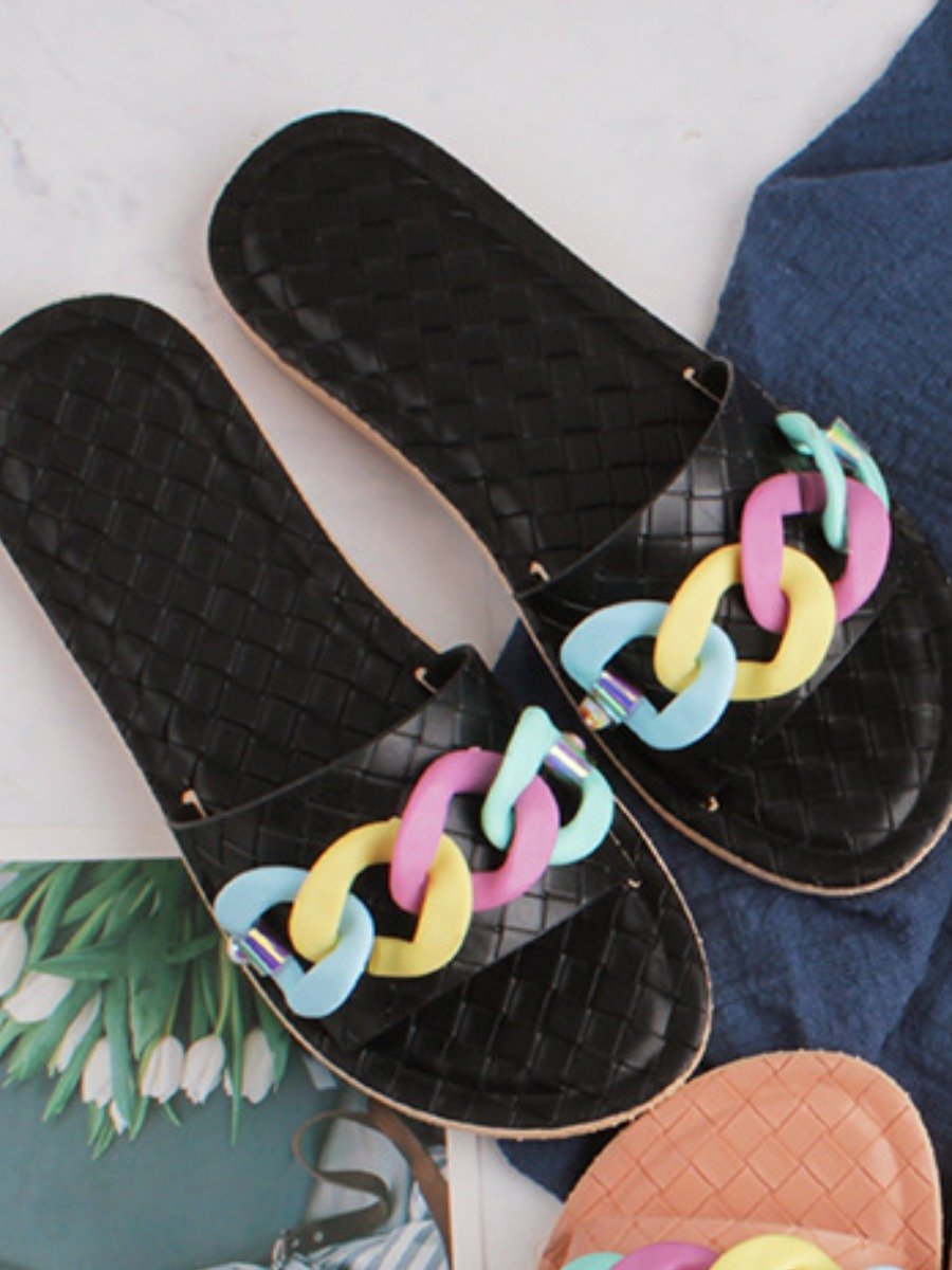 Casual Chain Decoration Black Slippers P10480