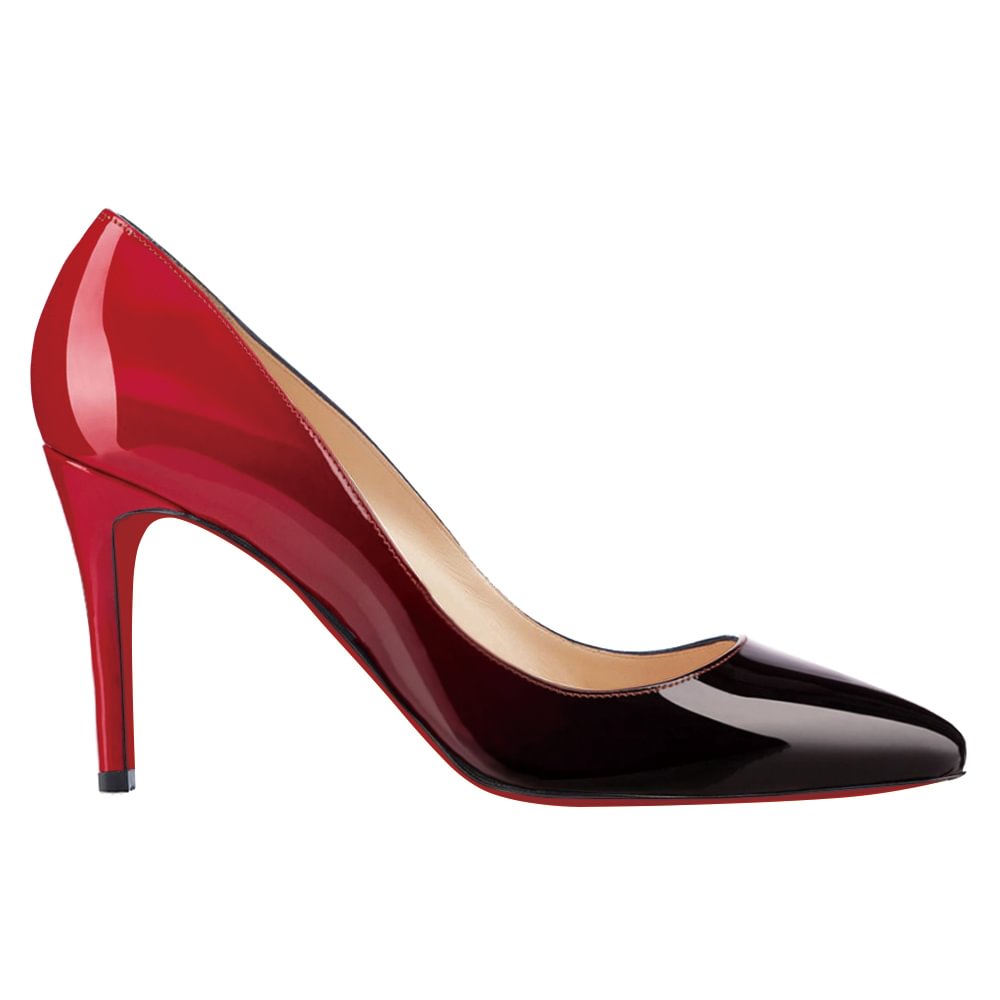 90mm Middle Heels Pointy Toe Pumps Red Black Gradient Color Patent-vocosishoes