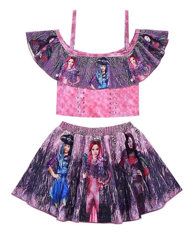 Girls Descendants 3 Printed Frill Top And Skirt Two Piece Swimsuit-Mayoulove