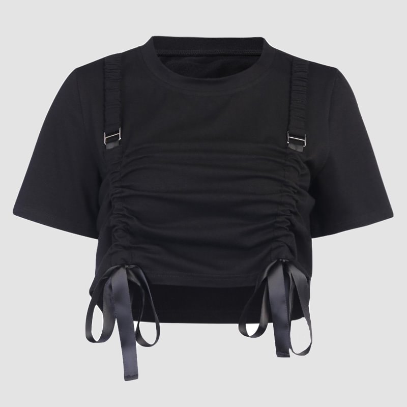 Girl's Front Strapped Belly Black Tops Women / Techwear Club / Techwear