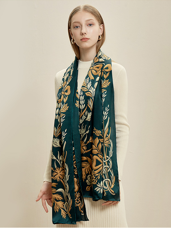 Dark Green Silk Scarf Floral New Style For Women