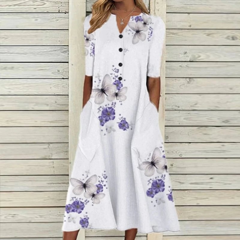 Romantic White Floral Print Midi Dress