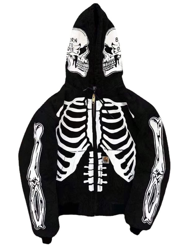 Halloween Skull Printed Color Block Fleeced Zip Up Jacket