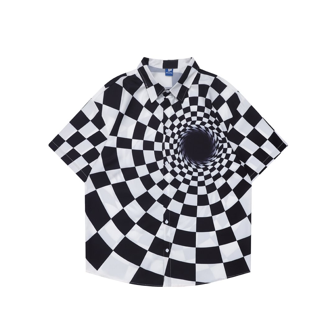 Checkerboard Japanese Swirl Design Tide Brand Short Sleeve Shirt / Techwear Club / Techwear