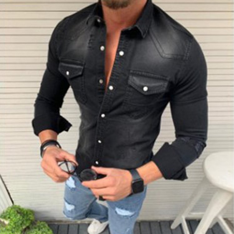 BrosWear Casual Social Slim Fit Lapel Pocktes Long Sleeve Shirt black