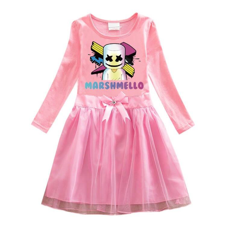 Marshmallow Dj Print Girls Long Sleeve Tulle Cotton Dress Multicolor-Mayoulove