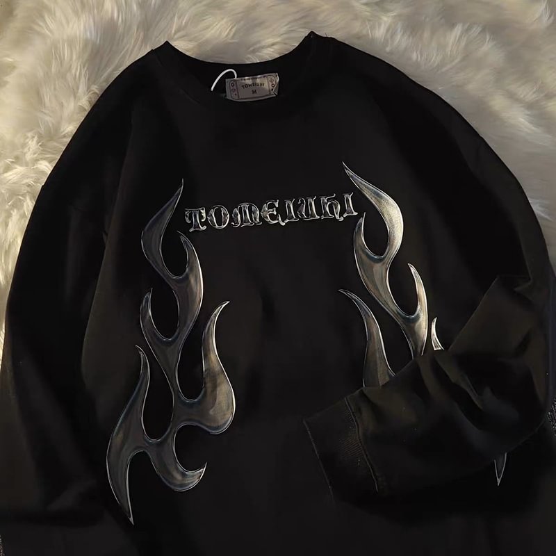 Dark Flame Print Pullover Crewneck Sweatshirt