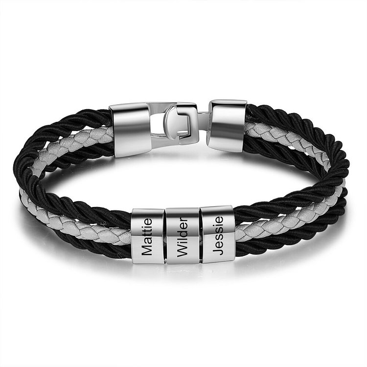 Mens Braided Layered Leather Bracelet with 3 Names Beads