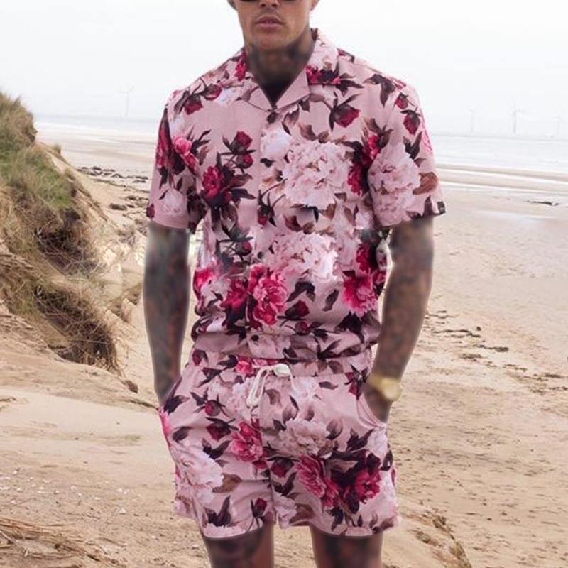 Flower Printed Vacation  Hawaiian Beach Lapel Sleeve Shirt Shorts Suits Top With Pants Two Pieces Sets-VESSFUL