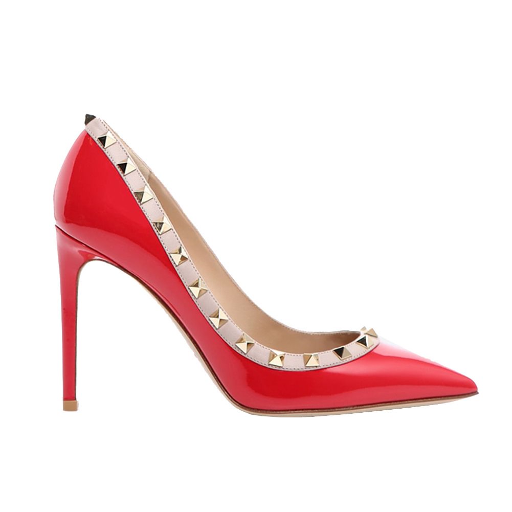 100mm Women's Sexy Pointy Toe Studs Stilettos High Heels Rivets Shoes Red Patent-vocosishoes