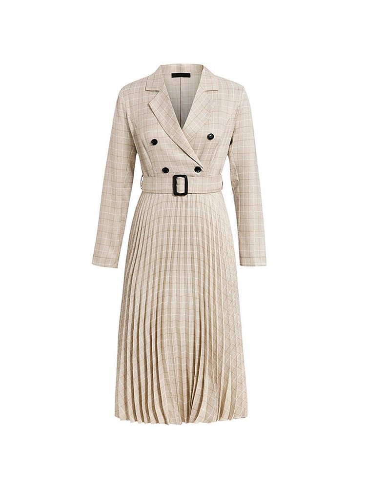 Mayoulove Blazer Midi Dress Plaid Pleated A-line Dress with Belt-Mayoulove