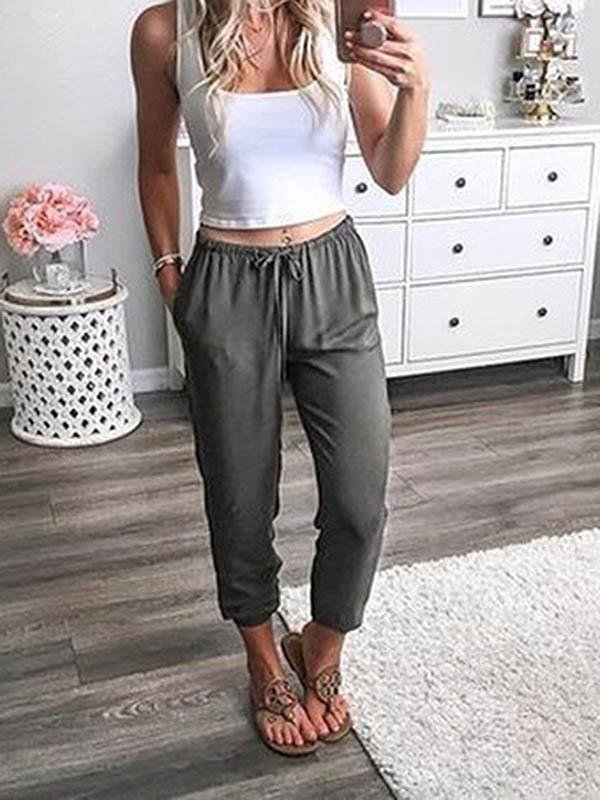Women's Solid Cotton Loose Cropped Pants-Mayoulove