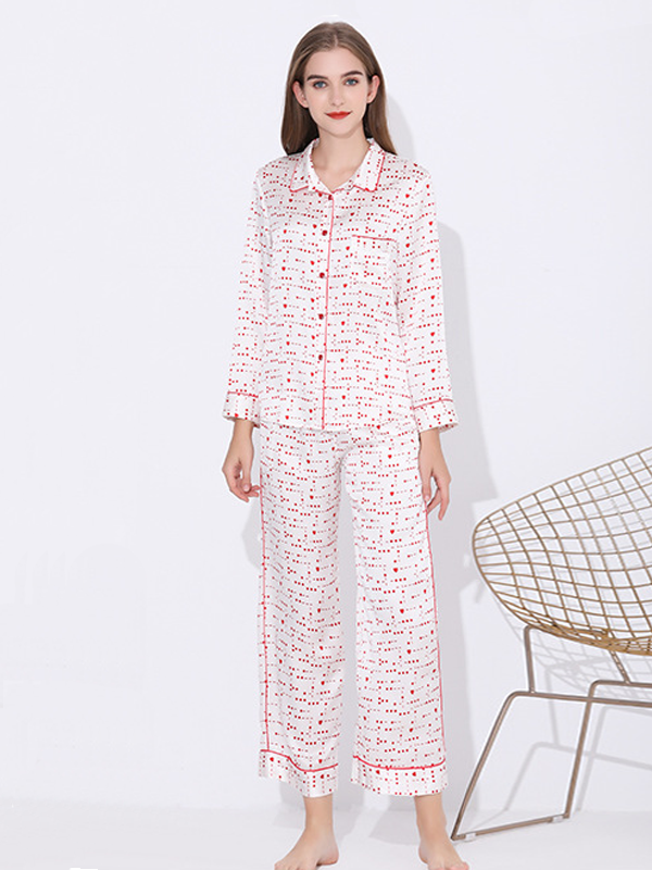High Quality Heart Printed Silk Pajama Set White