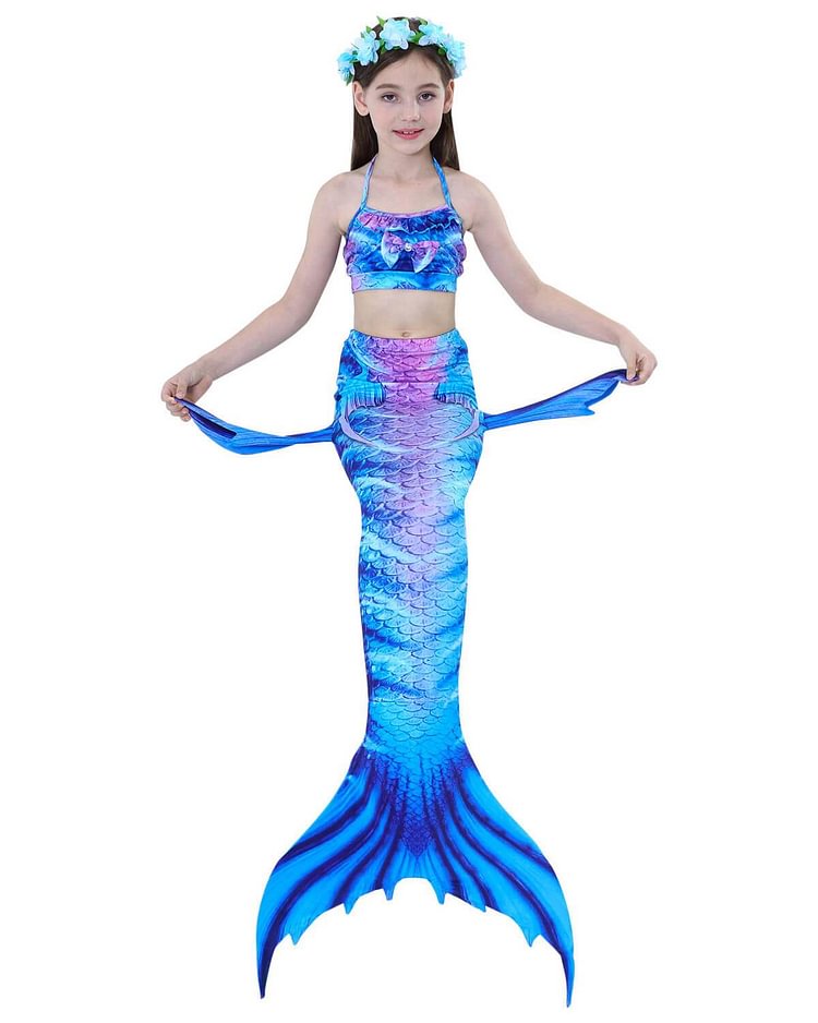 Girls Blue Contrast Mermaid Tail With Fins Top And Bottom Swimsuit-Mayoulove