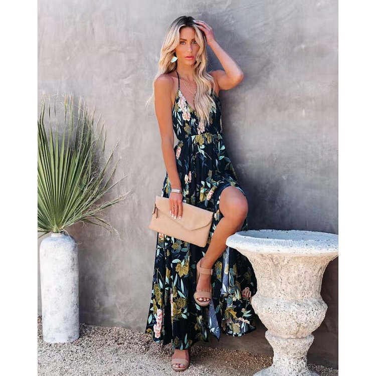 Women's Swing Dress Maxi Long Dress Printing Sleeveless Floral Backless Split Spring Summer V Neck Personalized Vacation Sexy 2022