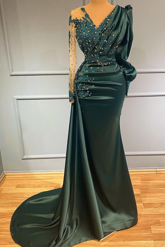 Luluslly Long Sleeves Dark Green Prom Dress Mermaid With Appliques