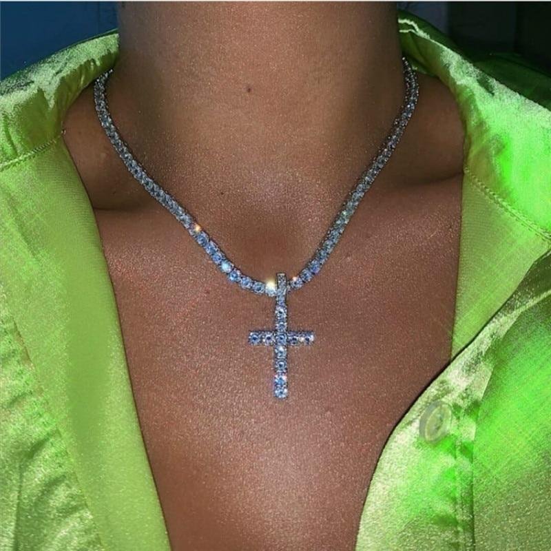 Hip Hop Women Crystal Cross Pendant Necklace-VESSFUL