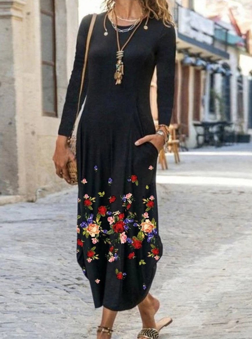 Ladies Floral Print Long Sleeve Maxi Dress-Corachic