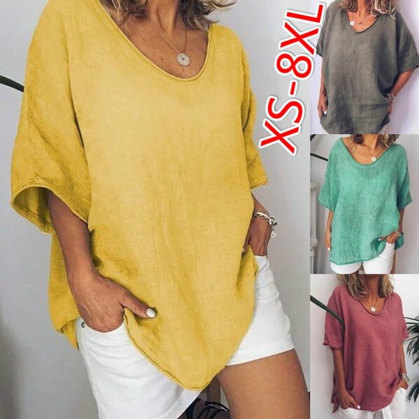 XS-8XL Womens Fashion Casual Short Sleeve Tunic Tops Plus Size Oversized Loose Linen Blouses Ladies Summer Beach Wear O-neck Solid Color T-shirt