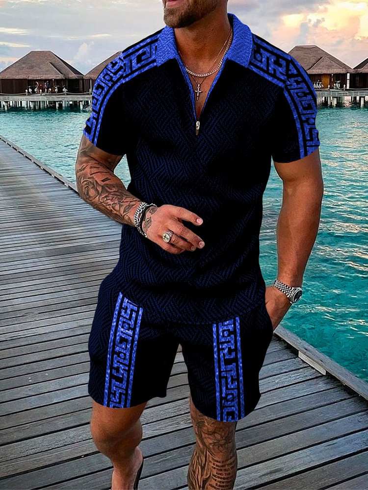 Men's Holiday Blue Decorative Vintage Printed Polo Suit
