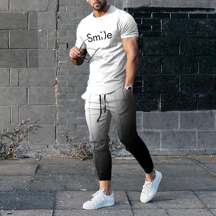 BrosWear White Grey Gradient T-Shirt And Pants Two Piece Set