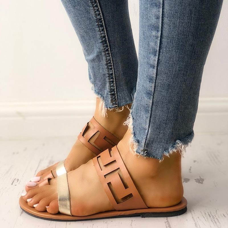 Two Tone Hollow Out Toe Ring Flat Sandals - Womens Fashion Online