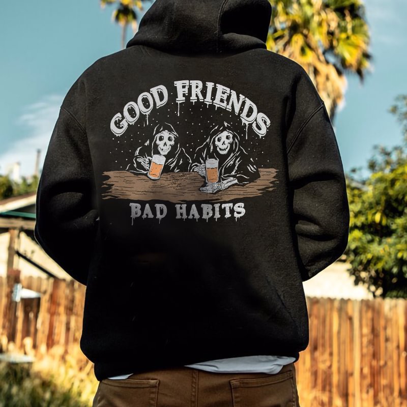Good Friends Bad Habits Drinking Skeleton Print Hoodie -  