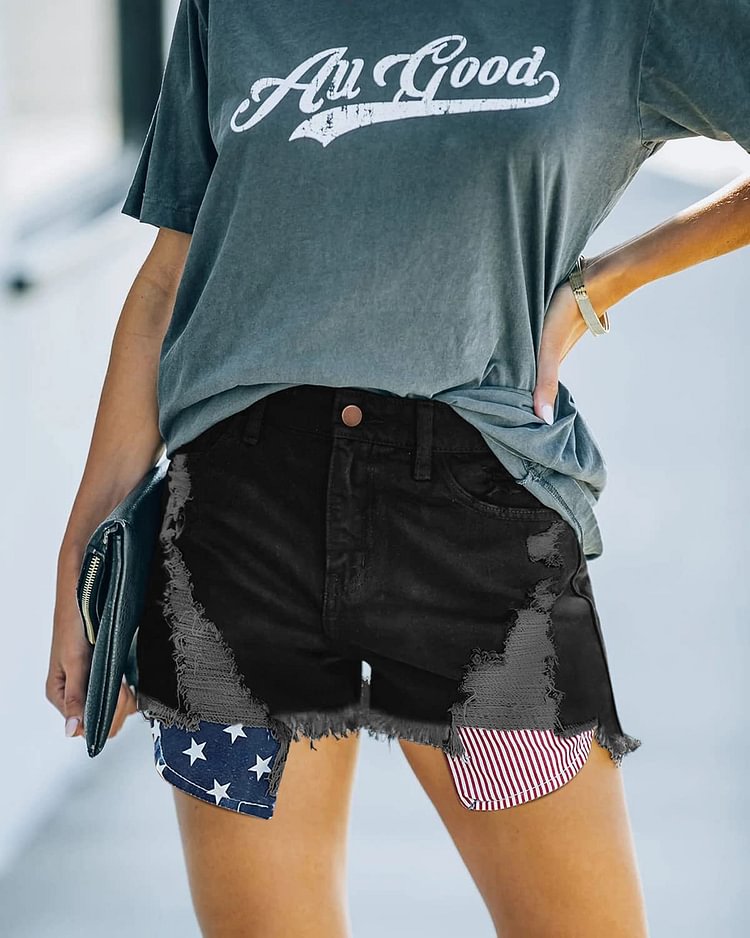 2 European And American Summer Cross-border New American Independence Day Pocket Star Stripe Flag Hole Tassel Jeans Shorts