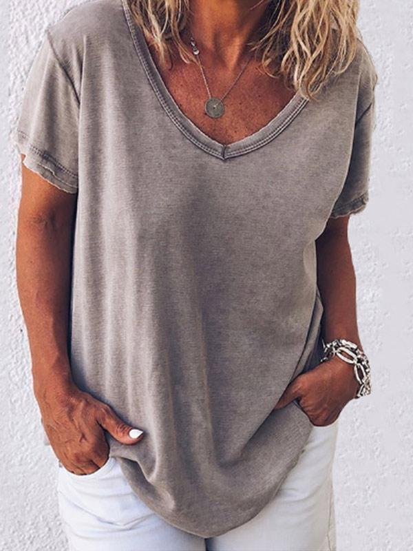 Women's solid color loose and comfortable V-neck T-shirt-Mayoulove