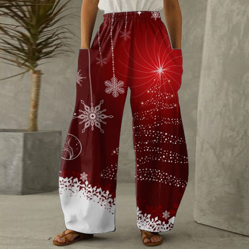 Christmas Tree Snowflake Print Trendy Wide-leg Pants