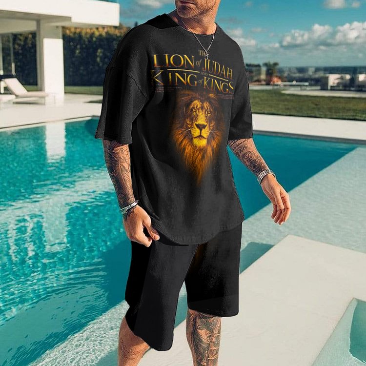 Men's Lion Print Short Sleeve T-Shirt Set