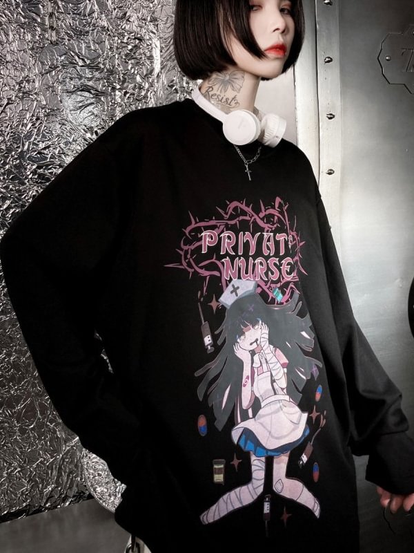 Gothic Dark Casual Letter Cartoon Printed  Crew Collar Long Sleeve Oversize Sweatshirt